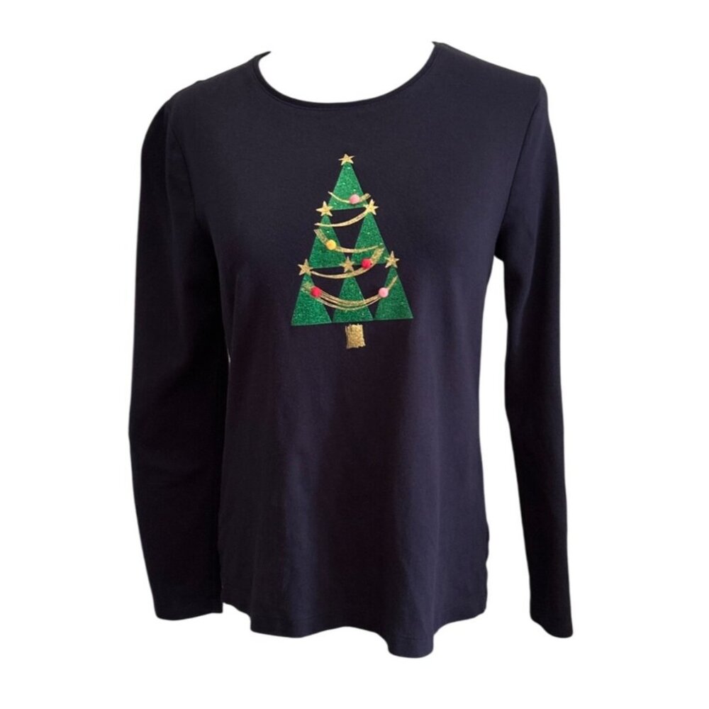 Croft & Barrow The Classic Tee Navy Blue  Long Sleeve Christmas Tree Top Small